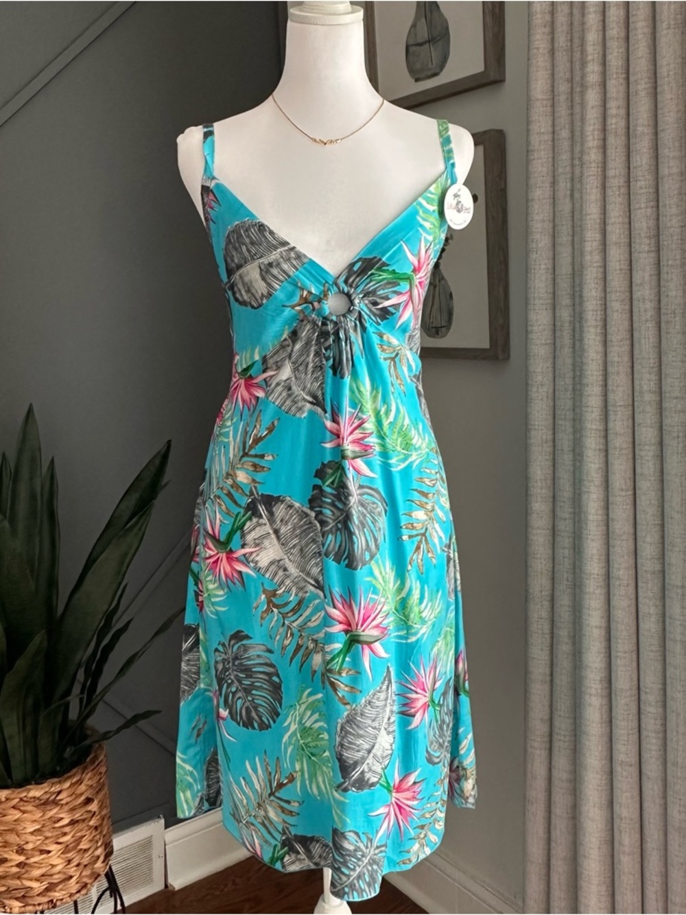 Island Planet Tropical Ring-Front Sundress in Bright Turquoise with Pink Accents